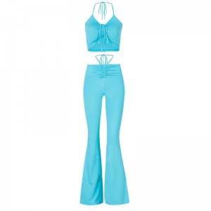 Y2K Streetwear Sexy Bandage Blue Co-ord Suits 2000s Fashion Drawstring Halter Top and High Waist Flare Pants 2 Piece Set